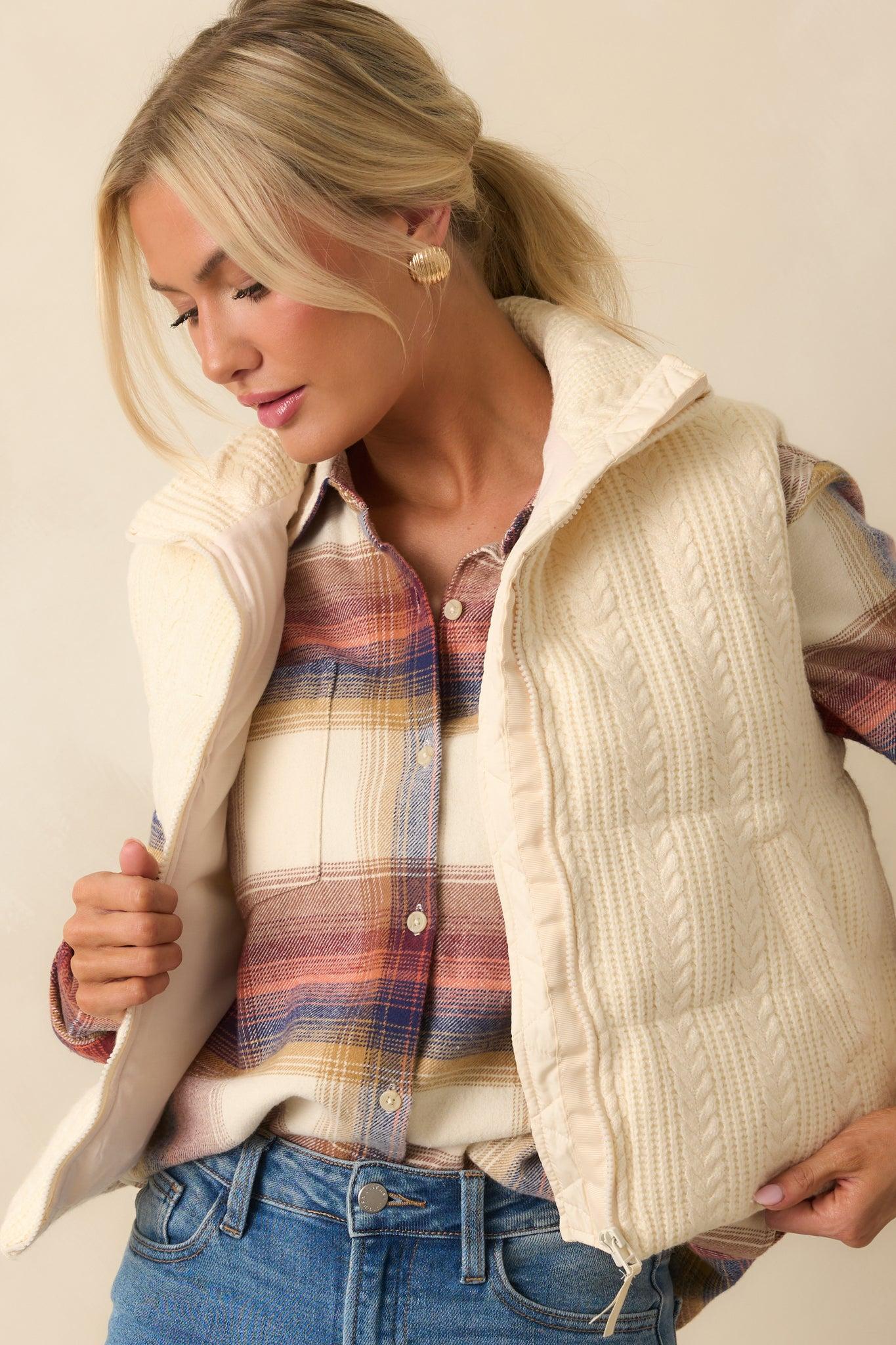 Thread & Supply Stormi Ivory Cable Knit Puffer Vest Product Image