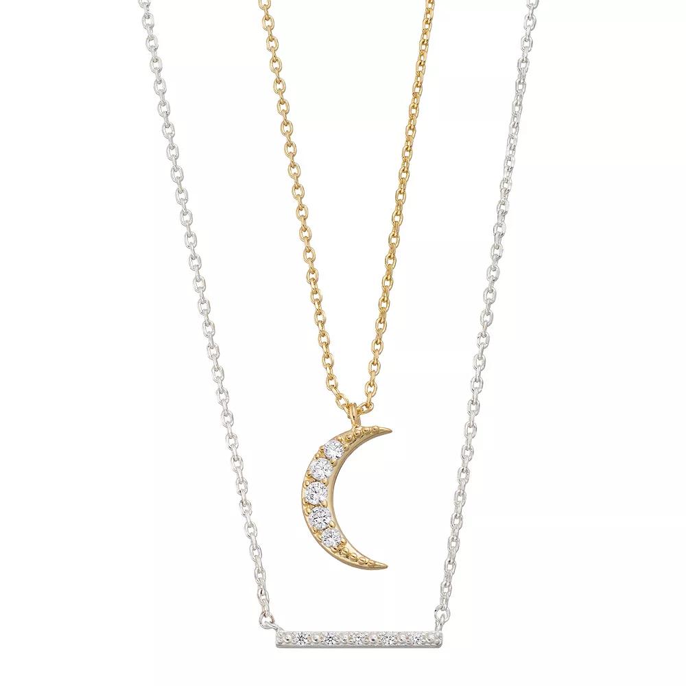 City Luxe Two Tone Cubic Zirconia Moon & Bar Necklace Set, Women's, Two Tone & Clear Product Image