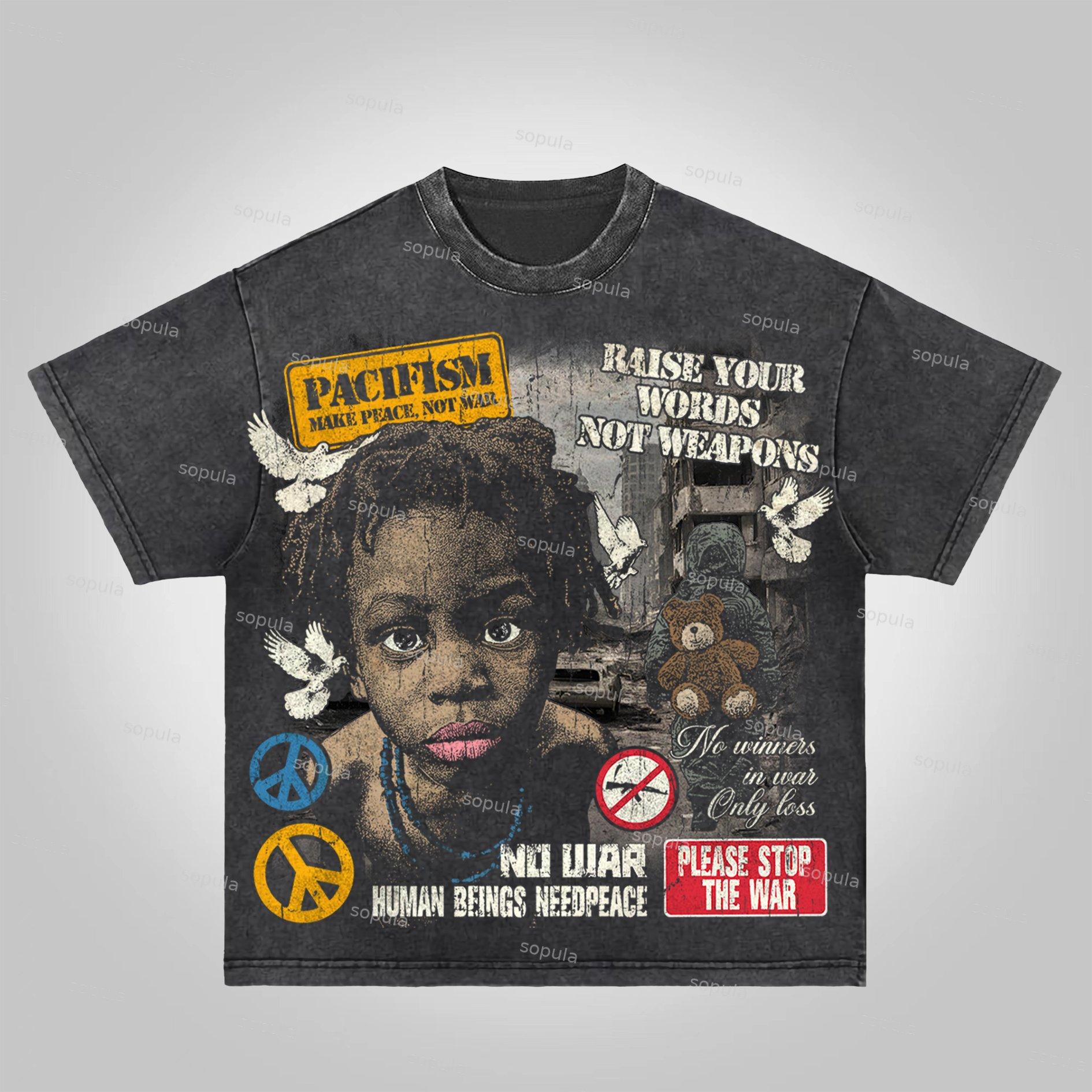 Sopula Human Beings Need Peace, Not War. Vintage Graphics Acid Washed T-Shirt Product Image