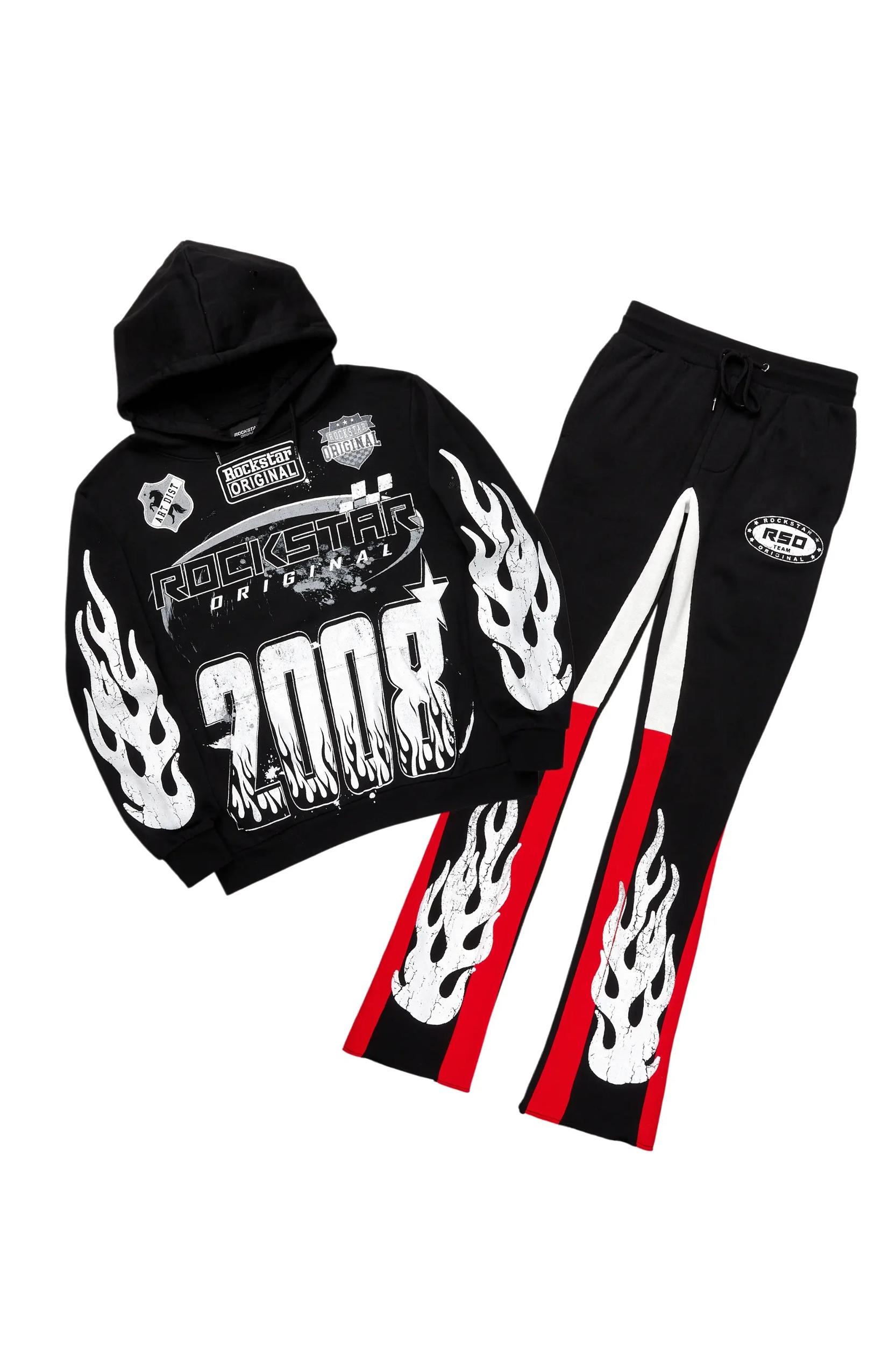 Amos Black/Red Hoodie/Stacked Flare Pant Set Male Product Image
