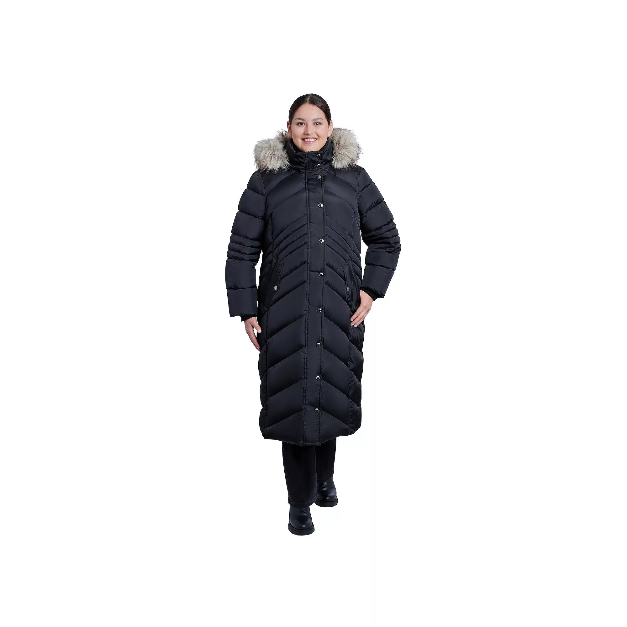 Plus Size London Fog Faux-Fur Hood Maxi Puffer Coat, Women's, Size: 2XL, Black Product Image