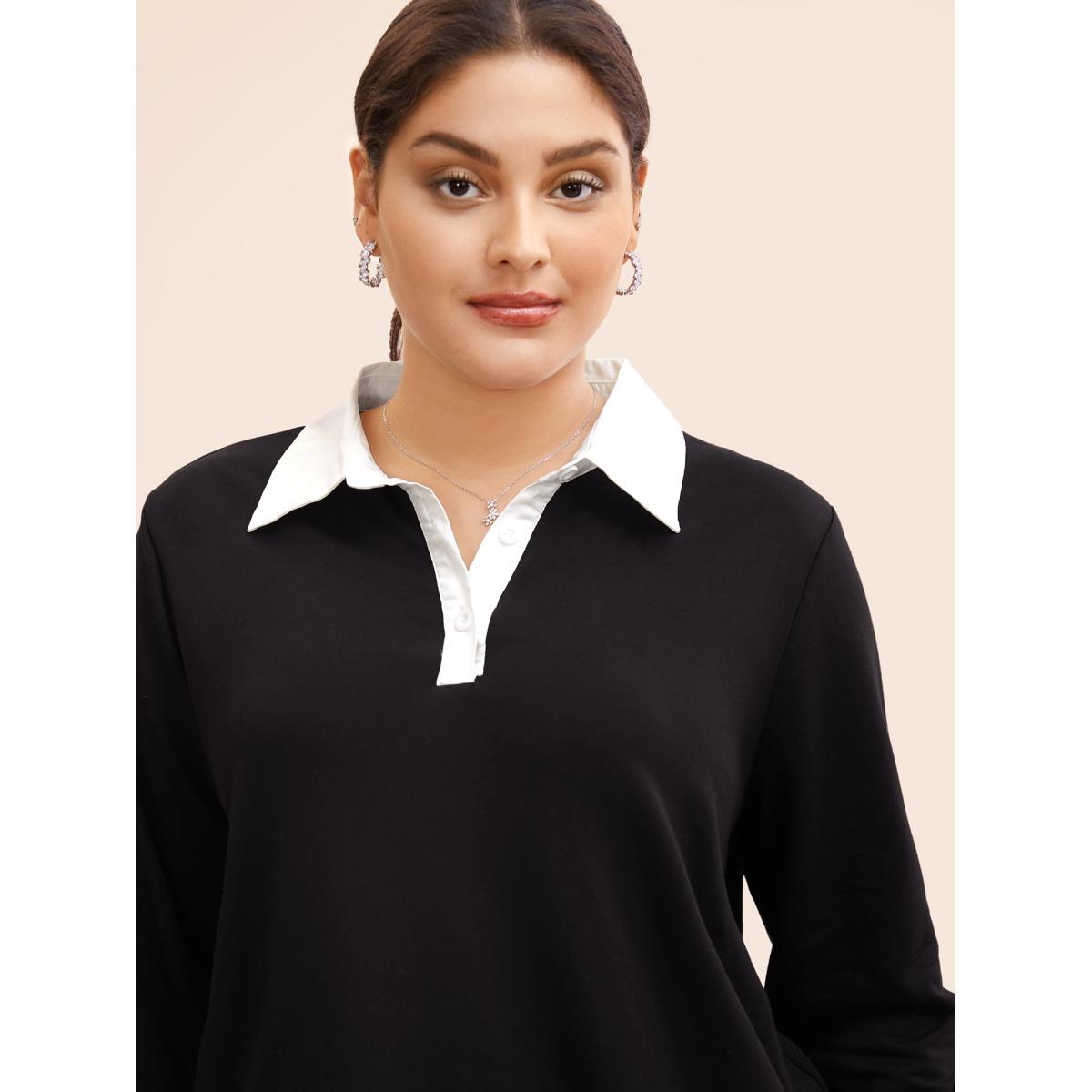 Plus Size 2-In-1 Shirt Collar Contrast Patchwork Sweatshirt Women Black Work From Home Contrast Shirt collar Office Sweatshirts BloomChic 26/4X Product Image