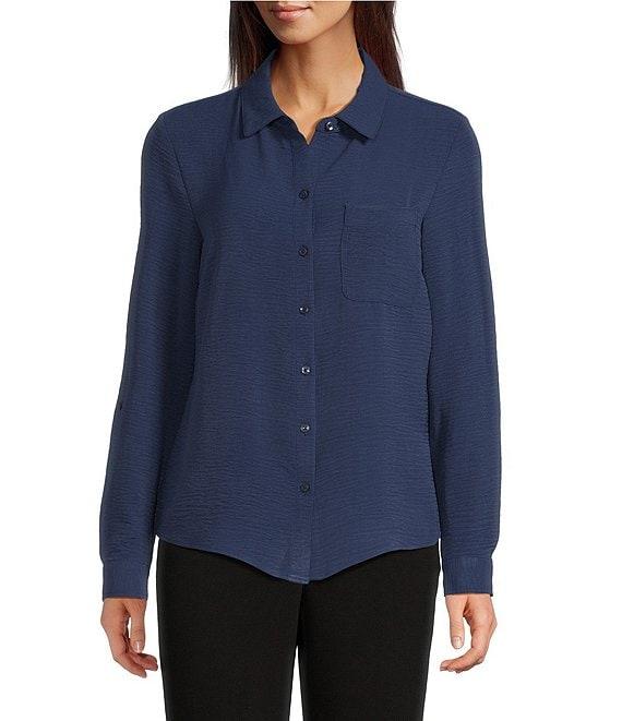 DKNY by Donna Karan Point Collar Long Roll-Tab Sleeve Button Front Blouse Product Image