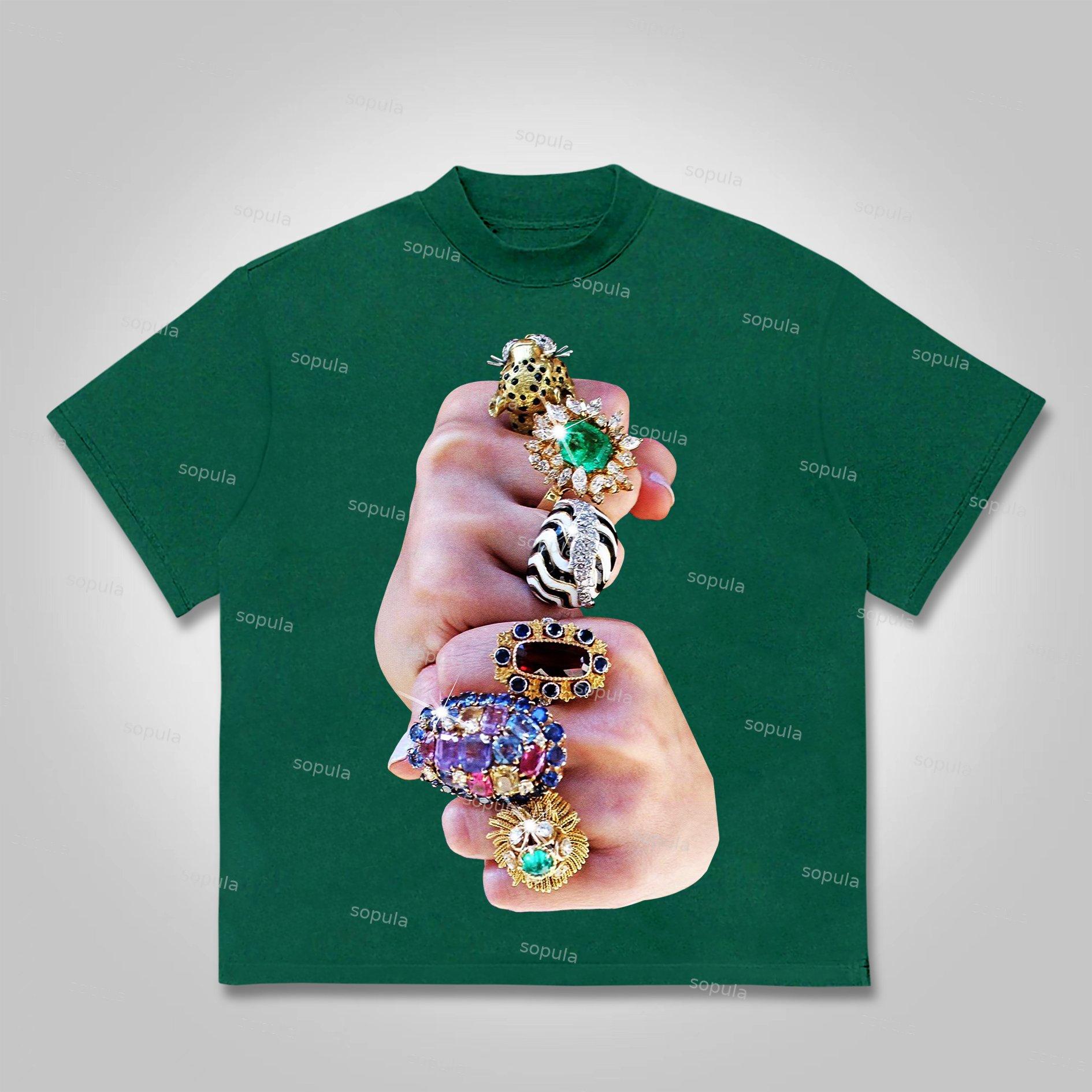 Sopula Finger Graffiti Diamond Ring Print Cotton T-shirt Product Image