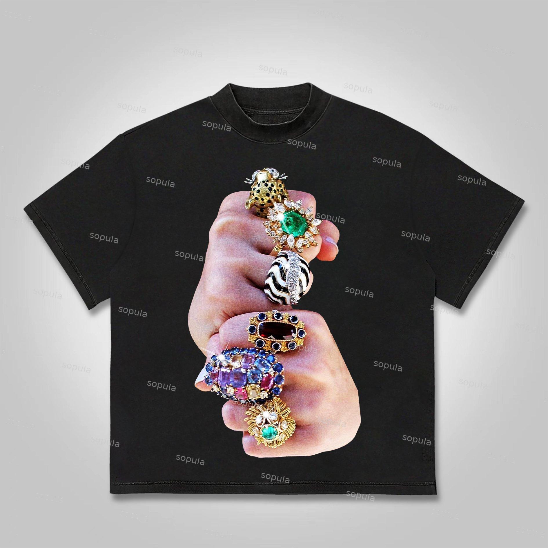 Sopula Finger Graffiti Diamond Ring Print Cotton T-shirt Product Image