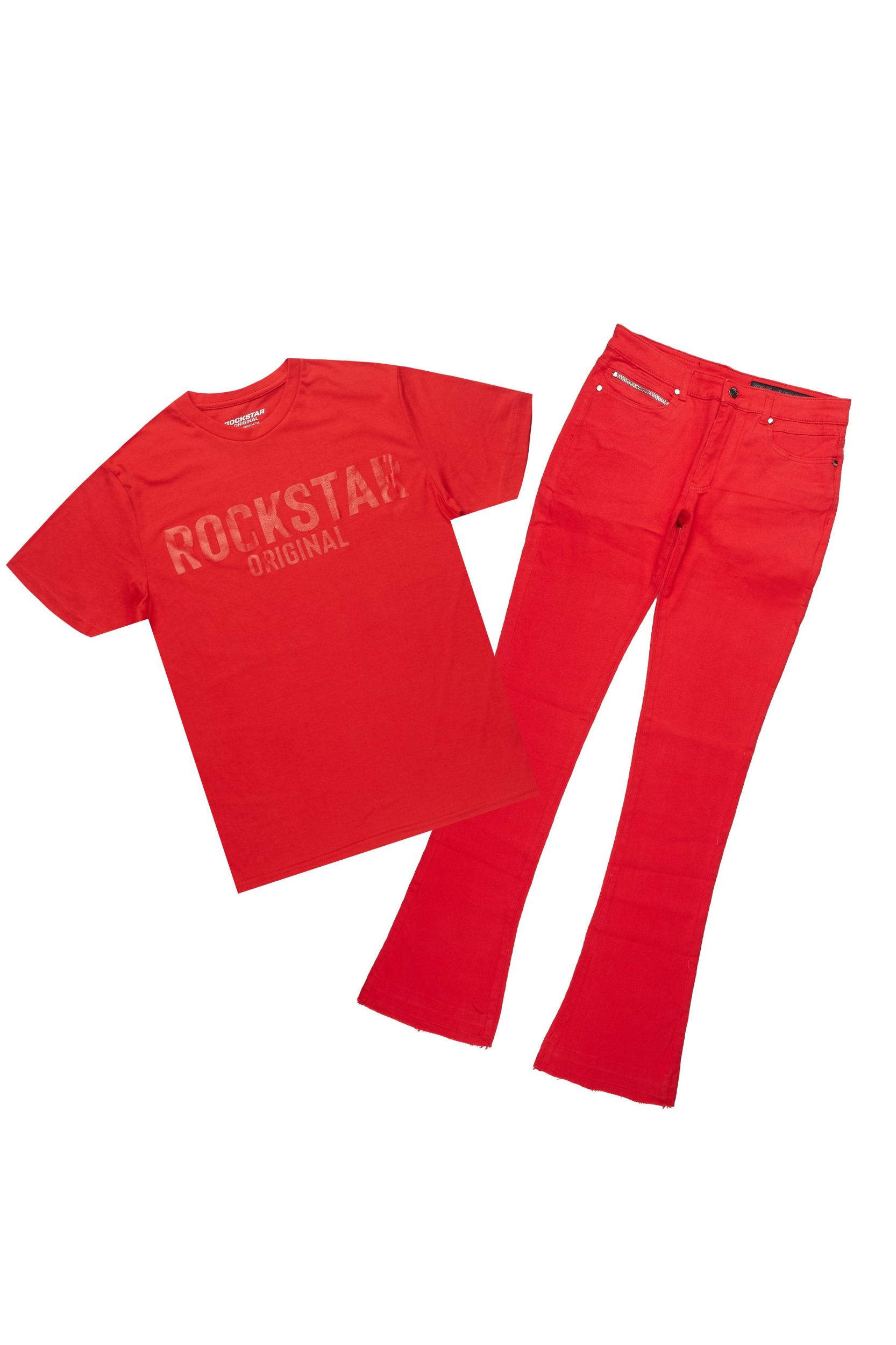 Sana Red T-Shirt/Dag Stacked Flare Jean Set Male Product Image