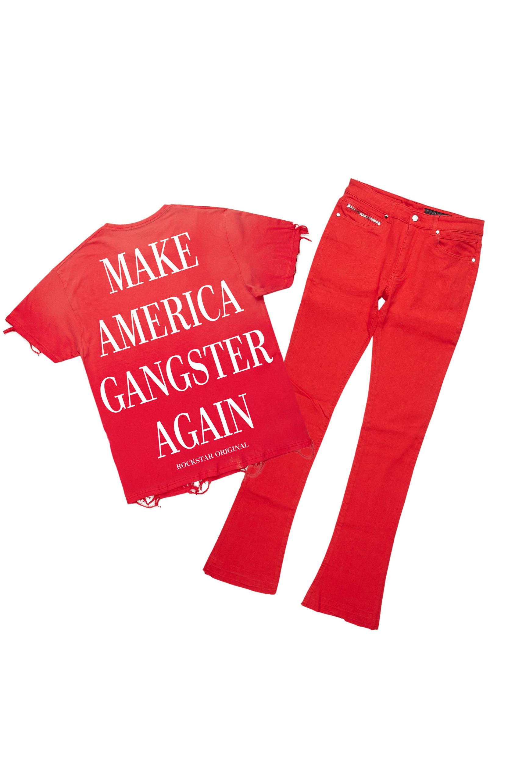 Drako Red/White Oversized Graphic T-Shirt/Dag Stacked Flare Jean Set Male Product Image