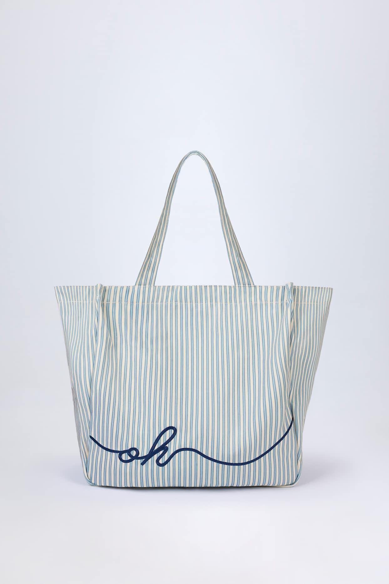 Oversized Canvas Tote Bag in Teal Blue Double Stripe Product Image