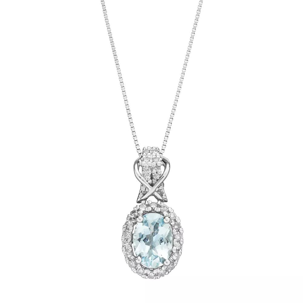Gemminded 10k White Gold Aquamarine & 1/6 Carat T.W. Diamond Halo Pendant Necklace, Women's, Size: 18", Blue Product Image