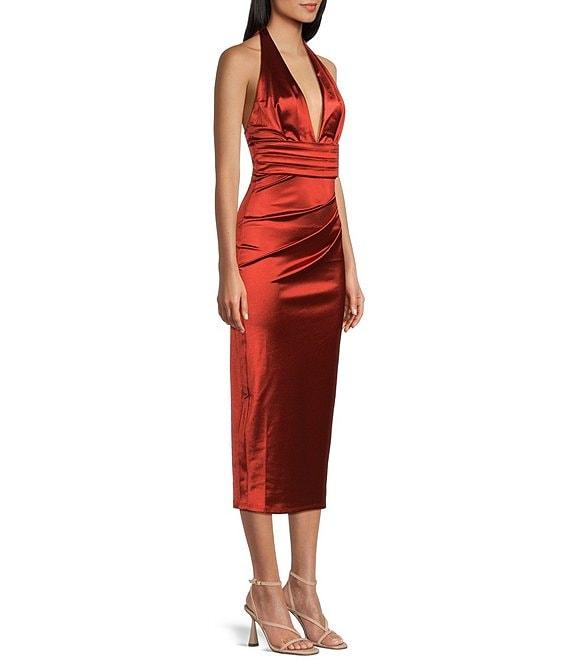 Honey and Rosie Royal Sateen Halter Plunge V-Neck Cummerbund Inspired Waist Midi Dress Product Image