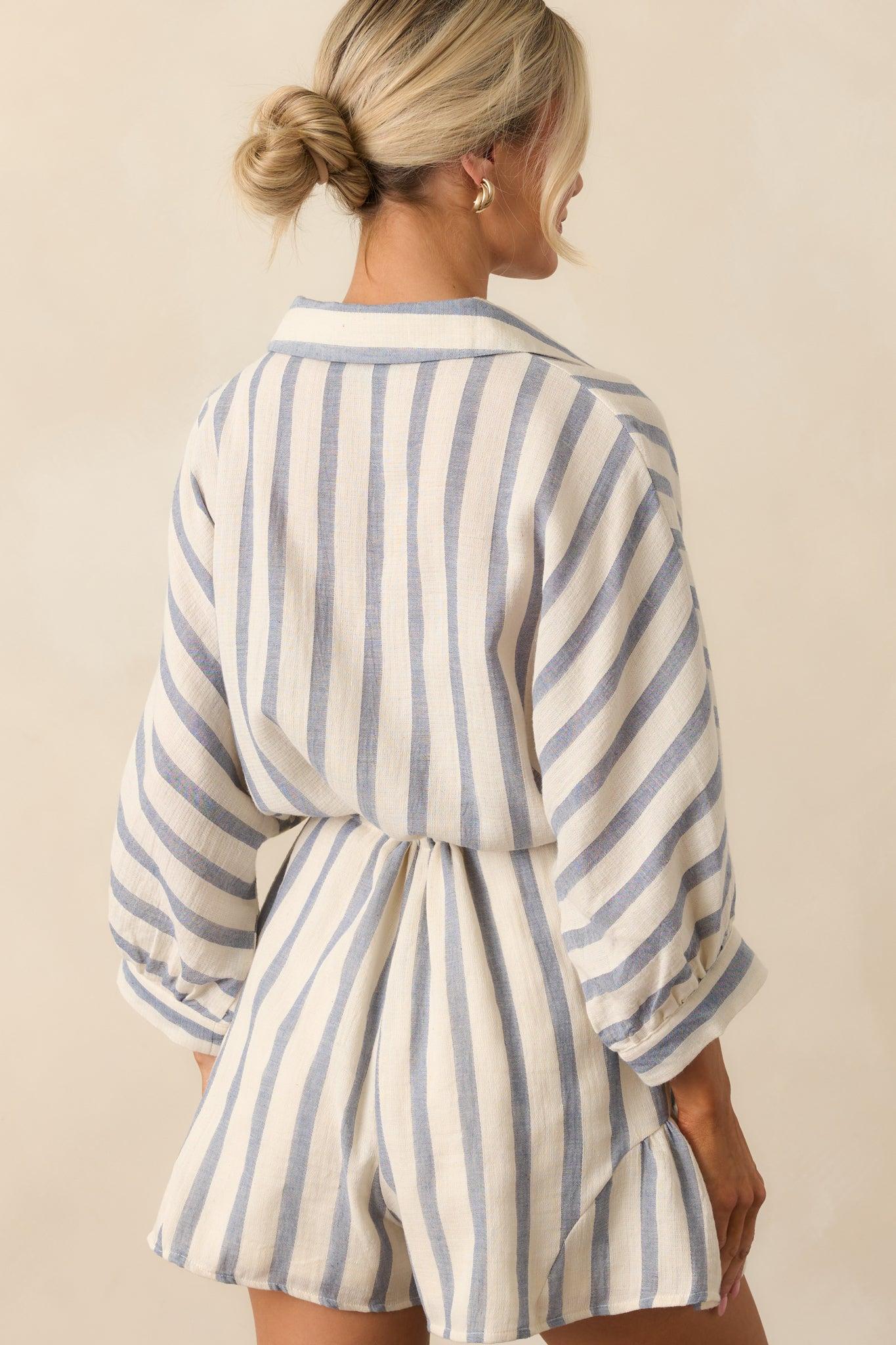 A Good Place To Start Blue Stripe Cotton Drawstring Romper Product Image