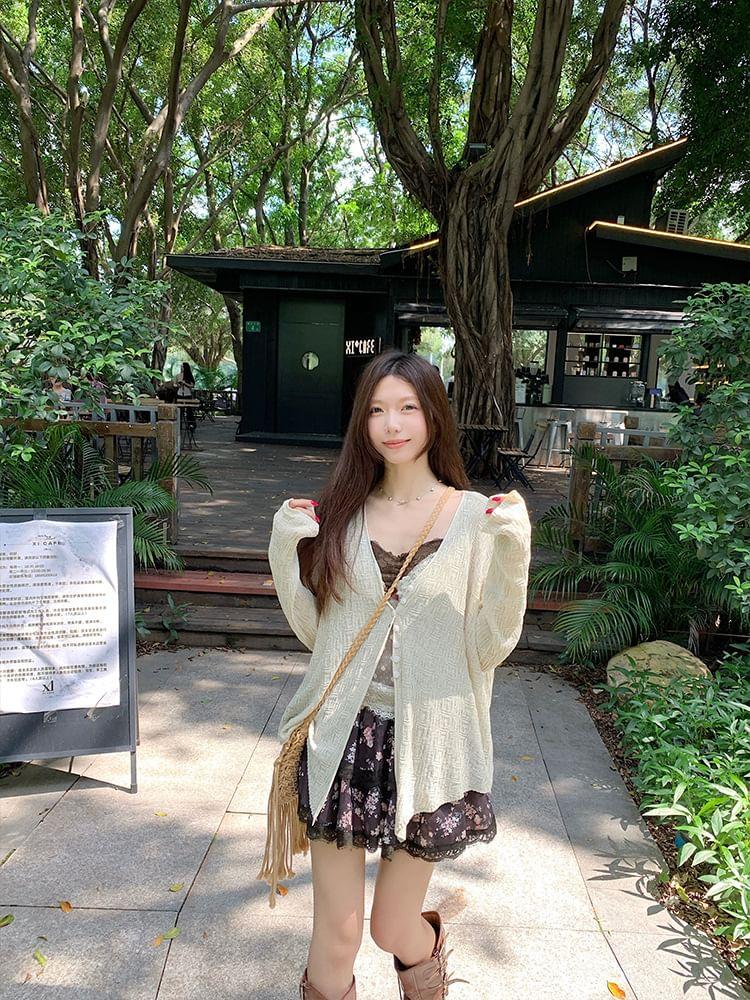 V-Neck Button-Up Plain Sheer Slit Cardigan Product Image