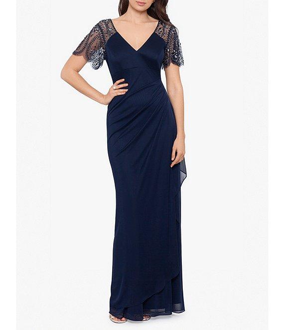 Xscape Short Beaded Sheer Flutter Sleeve Cascading Draped Waist V-Neck Beaded Gown Product Image