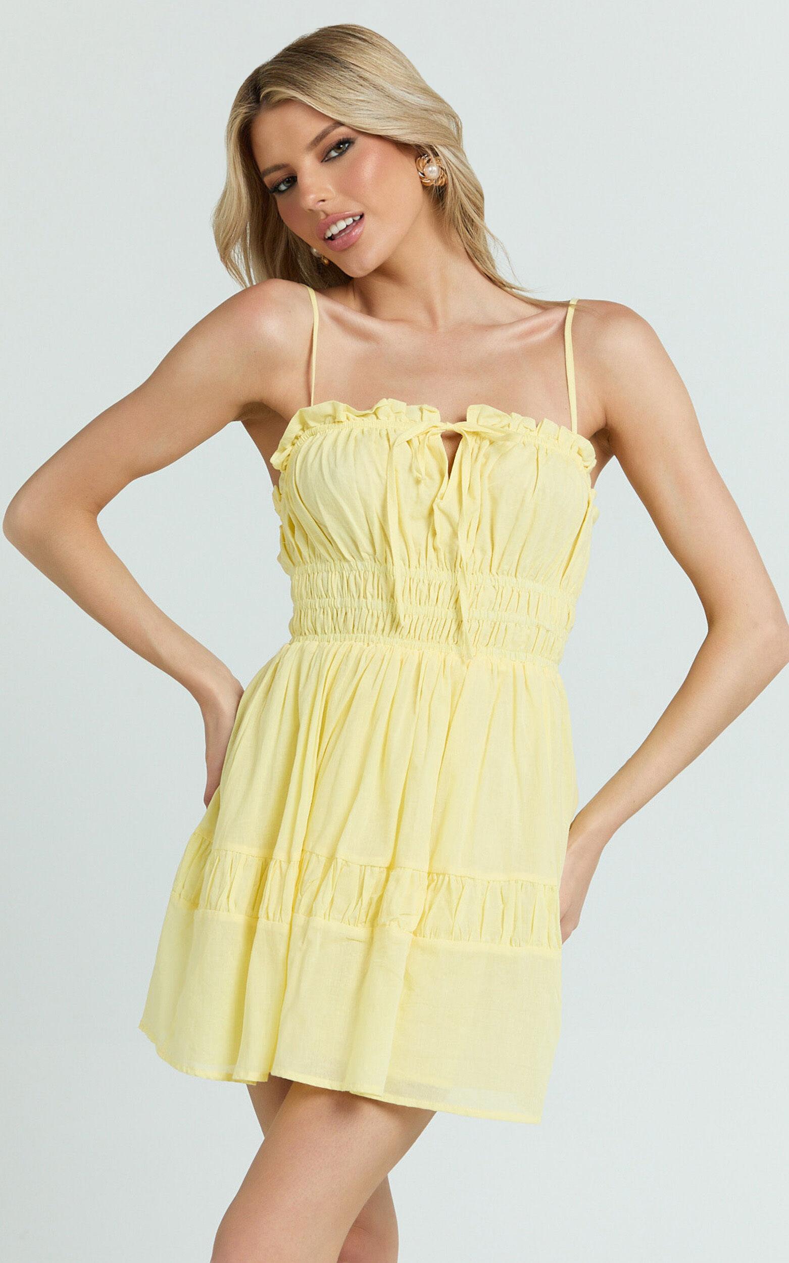 Jamaica Mini Dress - Ruched Bust Tiered Skirt Dress in Lemon Product Image