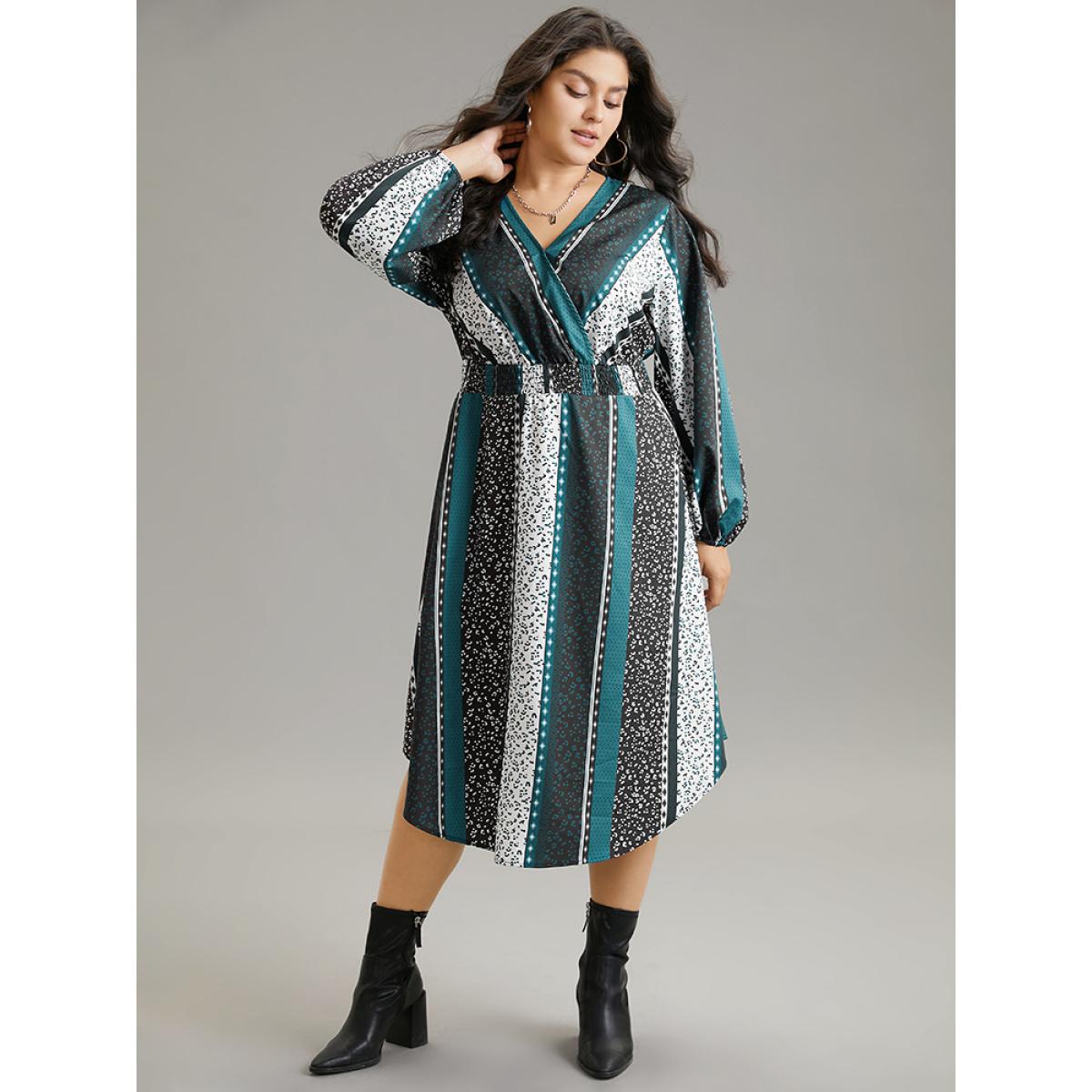 Plus Size Boho Print Striped Shirred Wrap Dress Aegean Women Vacation Elastic cuffs V-neck Long Sleeve Curvy Midi Dress BloomChic 26/4X Product Image