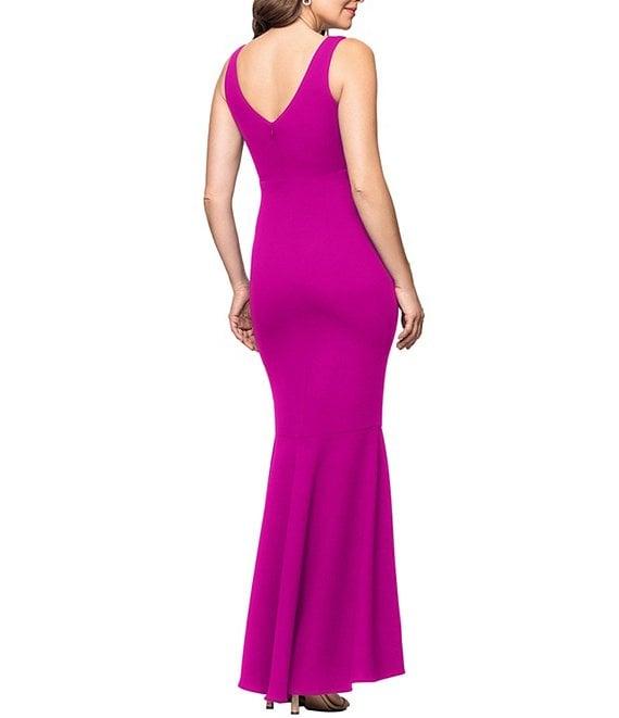 Betsy & Adam Petite Size Sleeveless V-Neck Spiral Ruffle Cascade Gown Product Image