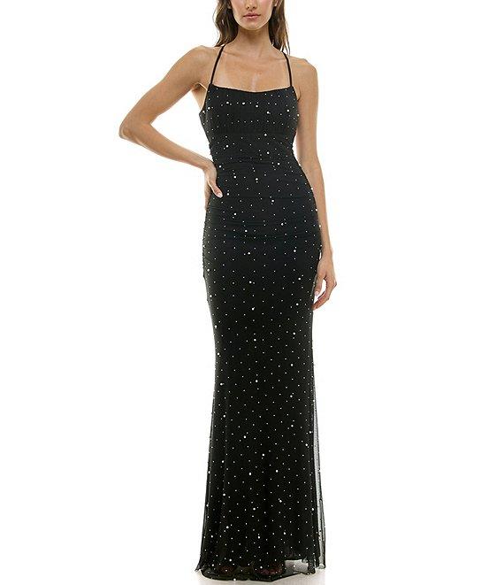 B. Darlin Stone Pearl Square Neck Spaghetti Strap Shirred Open Back Dress Product Image