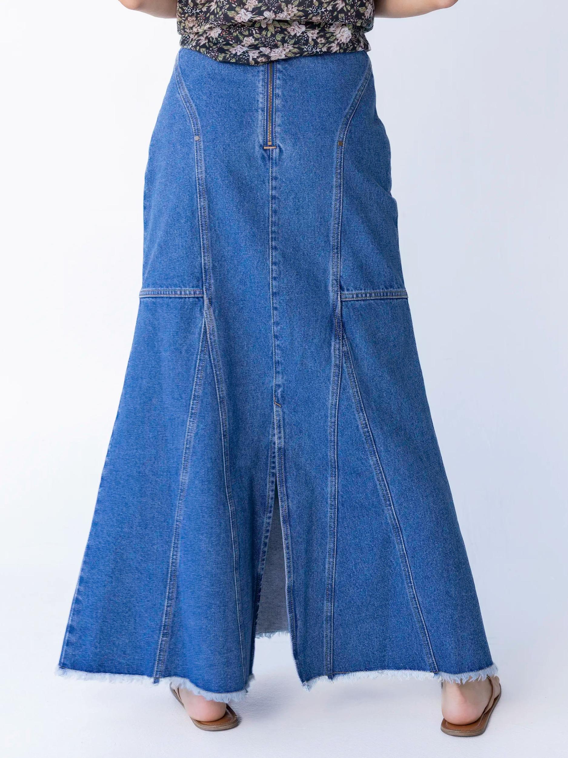 Fitted Cotton Denim Maxi Skirt - Medium Wash Product Image