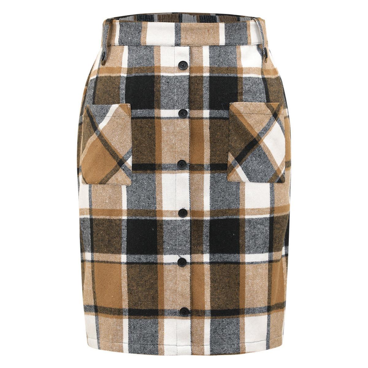 Plus Size Plaid Button Detail Patched Pocket Skirt Women Tan Office Elastic Waist Bodycon No stretch Pocket Office Skirts BloomChic 10/M Product Image