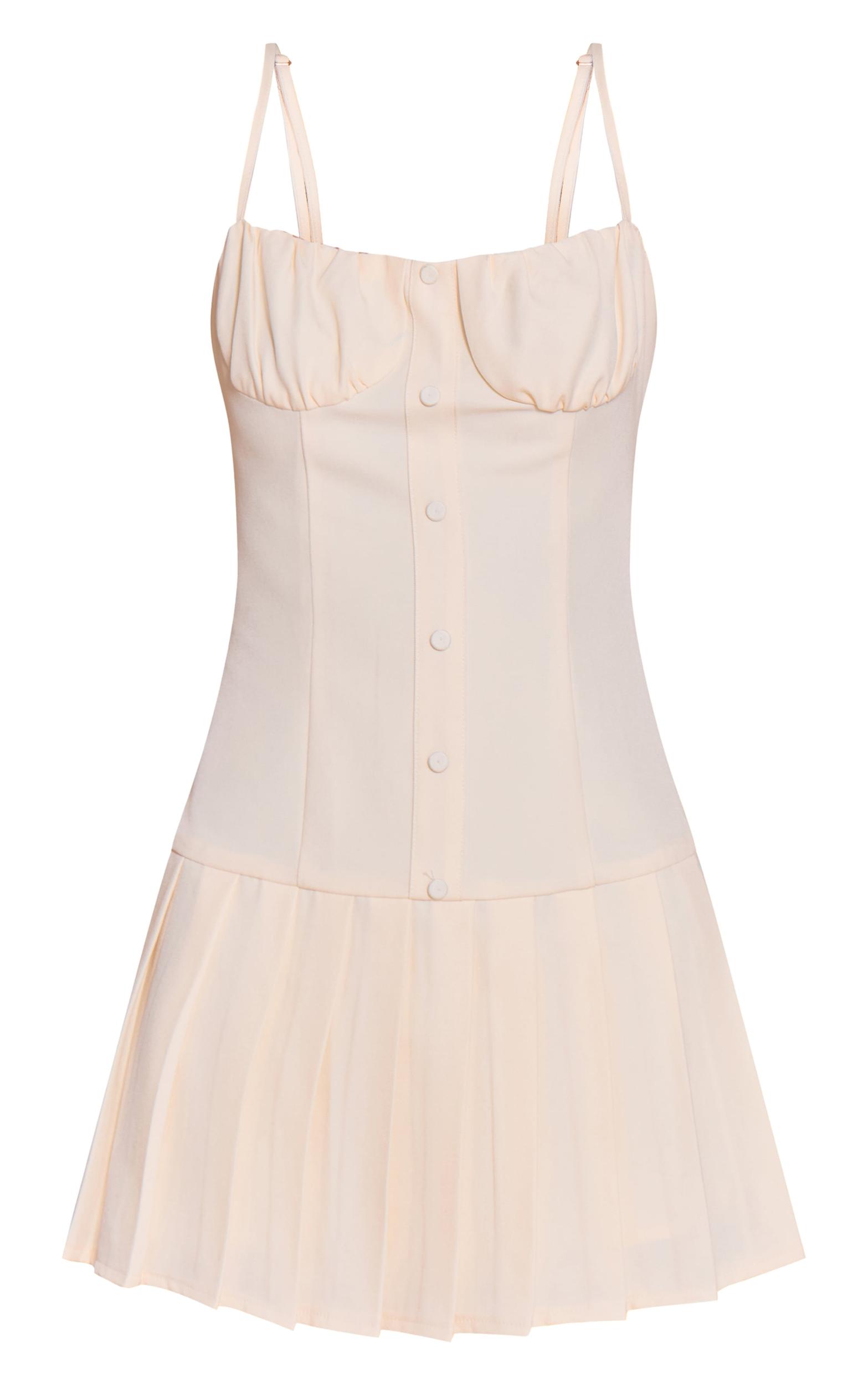 Butter Cream Woven Button Down Detail Pleated Shift Dress Product Image