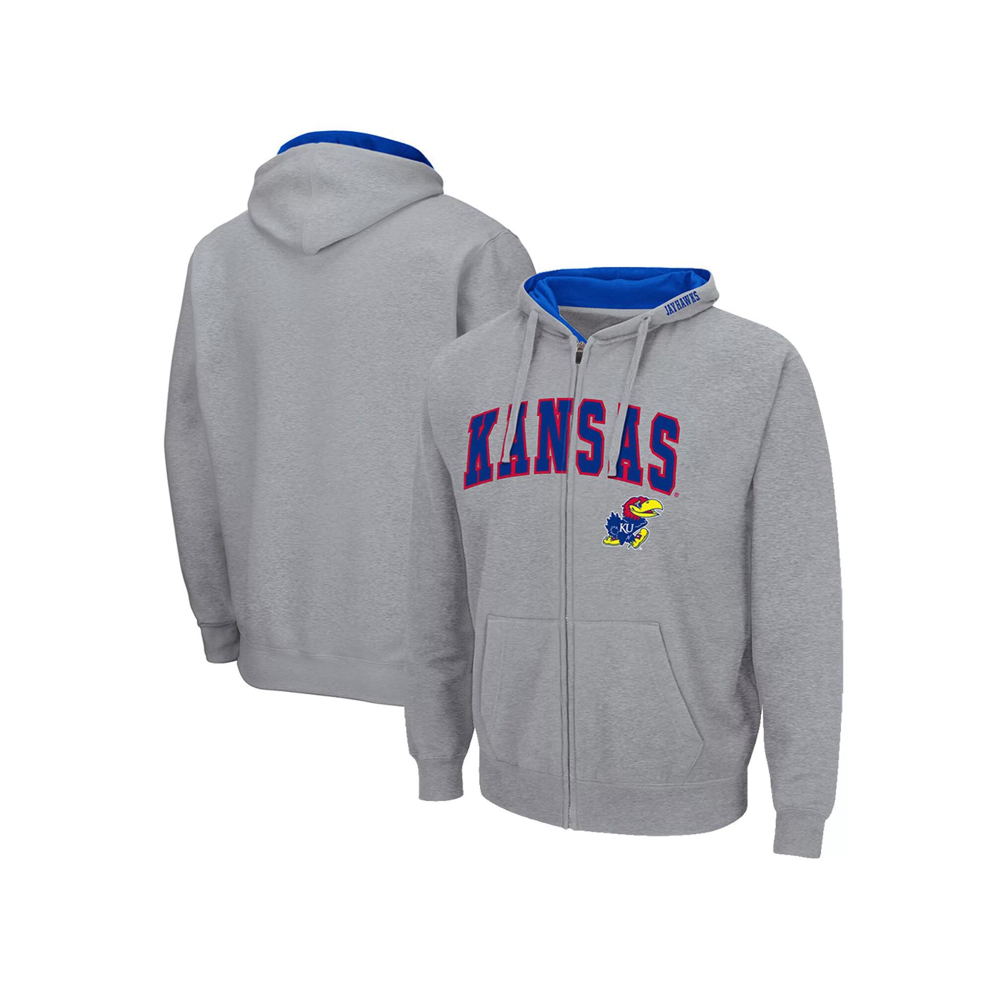Men's Colosseum Heathered Gray Kansas Jayhawks Arch & Logo 3.0 Full-Zip Hoodie,  Product Image