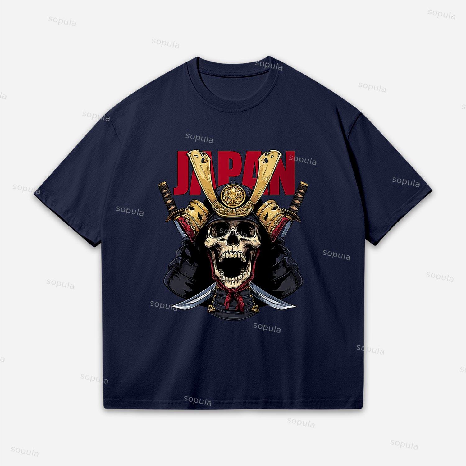 Japan Samurai Helmet Skull Oversized Cotton T-shirt Product Image