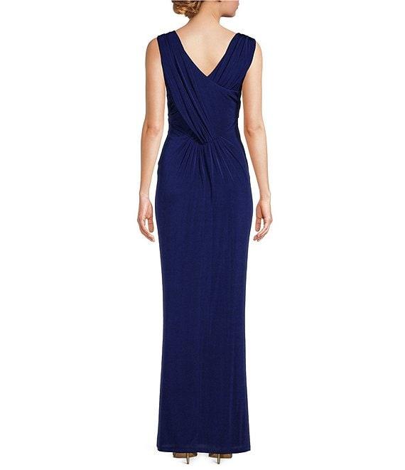Donna Karan V-Neck Sleeveless Ruched Gold Broach Sheath Dress Product Image
