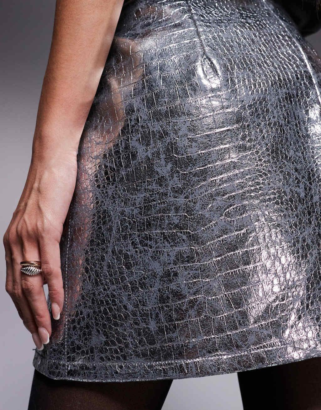 River Island faux leather patch pocket mini skirt in silver Product Image