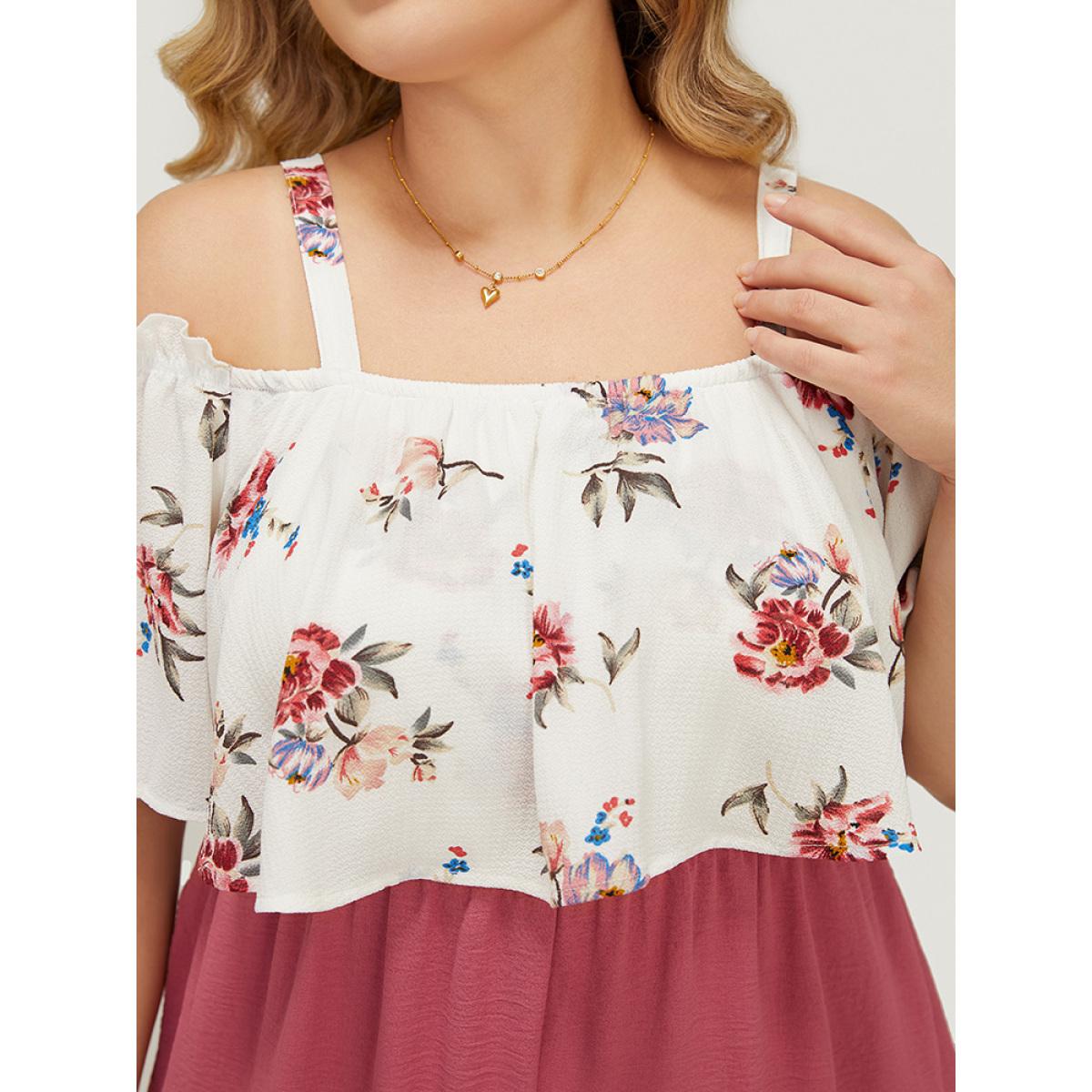 Plus Size DustyPink Floral Patchwork Pocket Ruffle Trim Cold Shoulder Jumpsuit Women Elegant Short sleeve Cold Shoulder Dailywear Loose Jumpsuits BloomChic 30/6X Product Image