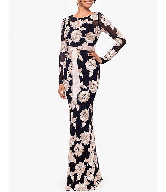 Betsy & Adam Petite Size Floral Embroidered Mesh Crew Neck Long Sleeve Tie Waist Gown Product Image
