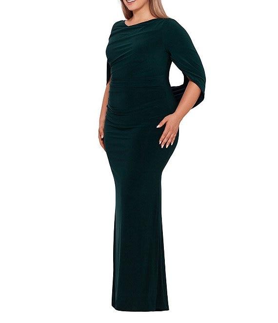 Betsy & Adam Plus Size Boat Neck 3/4 Drape Sleeve Gown Product Image