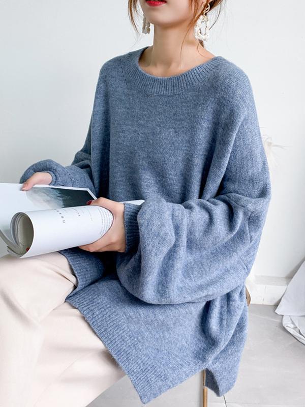 Stretch Mohair-Blend Balloon Sleeves Loose Solid Round-Neck Sweater Tops Product Image