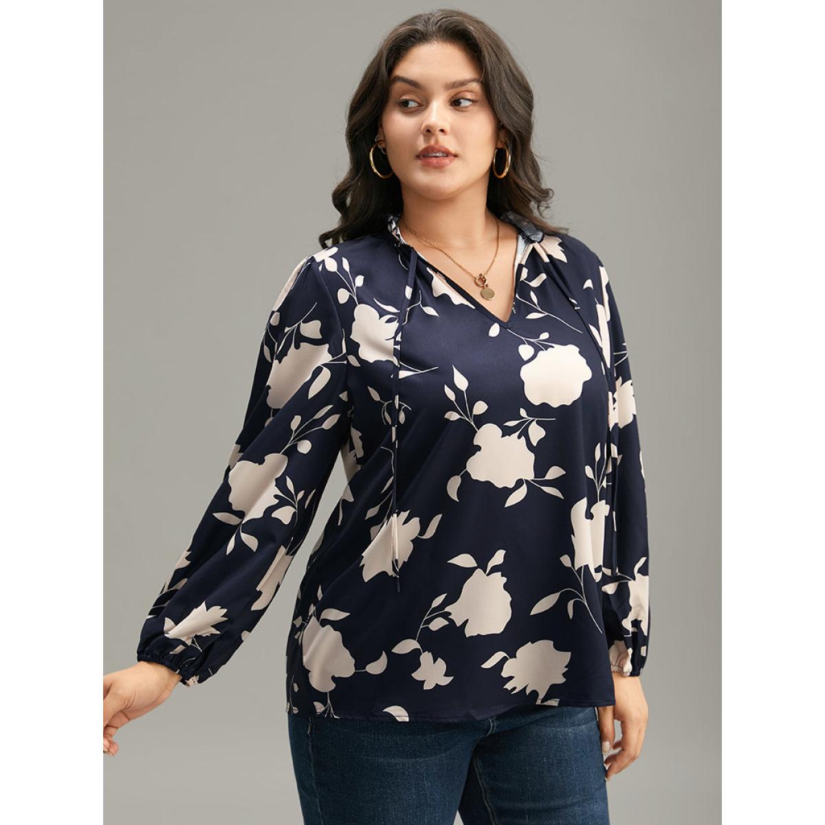 Plus Size Indigo Silhouette Floral Print Stand Collar Tie Neck Blouse Women Elegant Long Sleeve Tie Neck Dailywear Blouses BloomChic 10/M Product Image