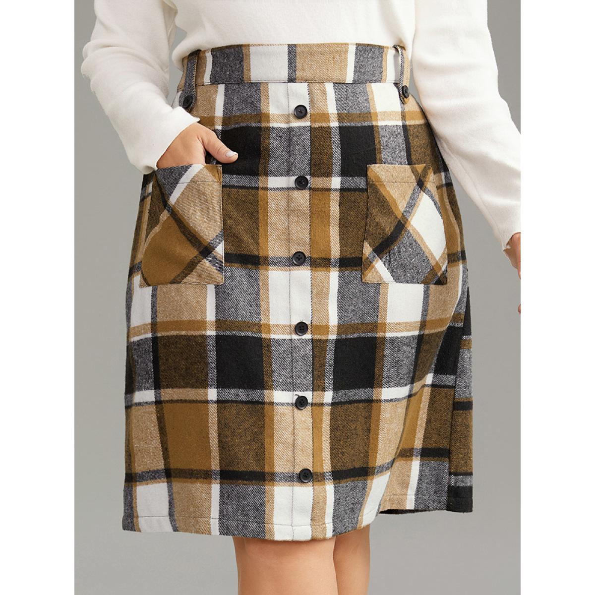 Plus Size Plaid Button Detail Patched Pocket Skirt Women Tan Office Elastic Waist Bodycon No stretch Pocket Office Skirts BloomChic 10/M Product Image