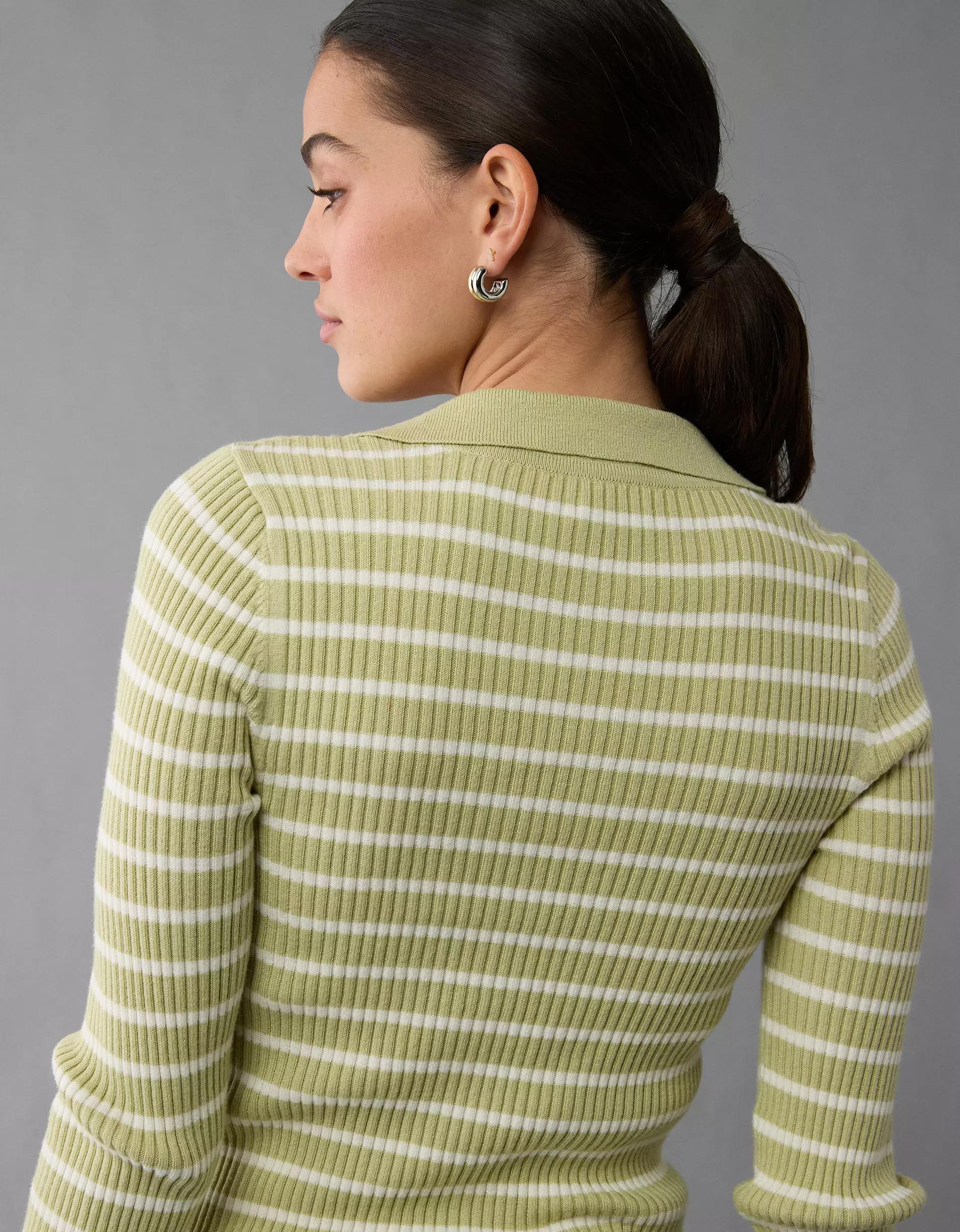 AE Long-Sleeve Striped Collared Polo Sweater Product Image
