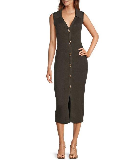 Skies Are Blue Rib Knit V Neck Sleeveless Button Front Midi Dress Product Image