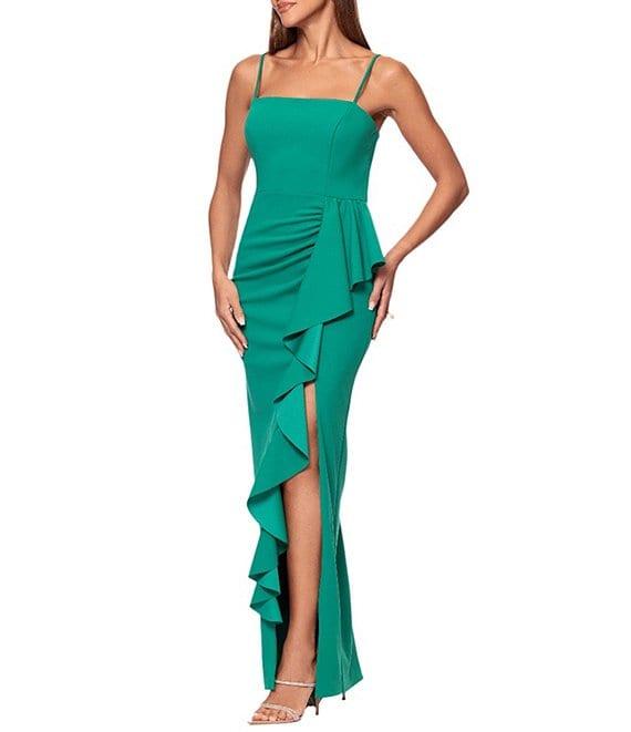 Xscape Scuba Crepe Square Neck Sleeveless Ruffle Sheath Gown Product Image