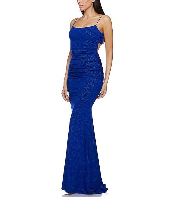 B. Darlin Glitter Bungee Strap Scoop Neck Open Back Shirred Dress Product Image