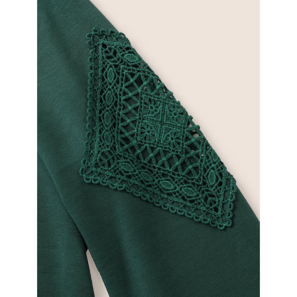 Plus Size Plain Guipure Lace Eyelet Sweatshirt Women DarkGreen Casual Cut-Out Round Neck Everyday Sweatshirts BloomChic 10/M Product Image