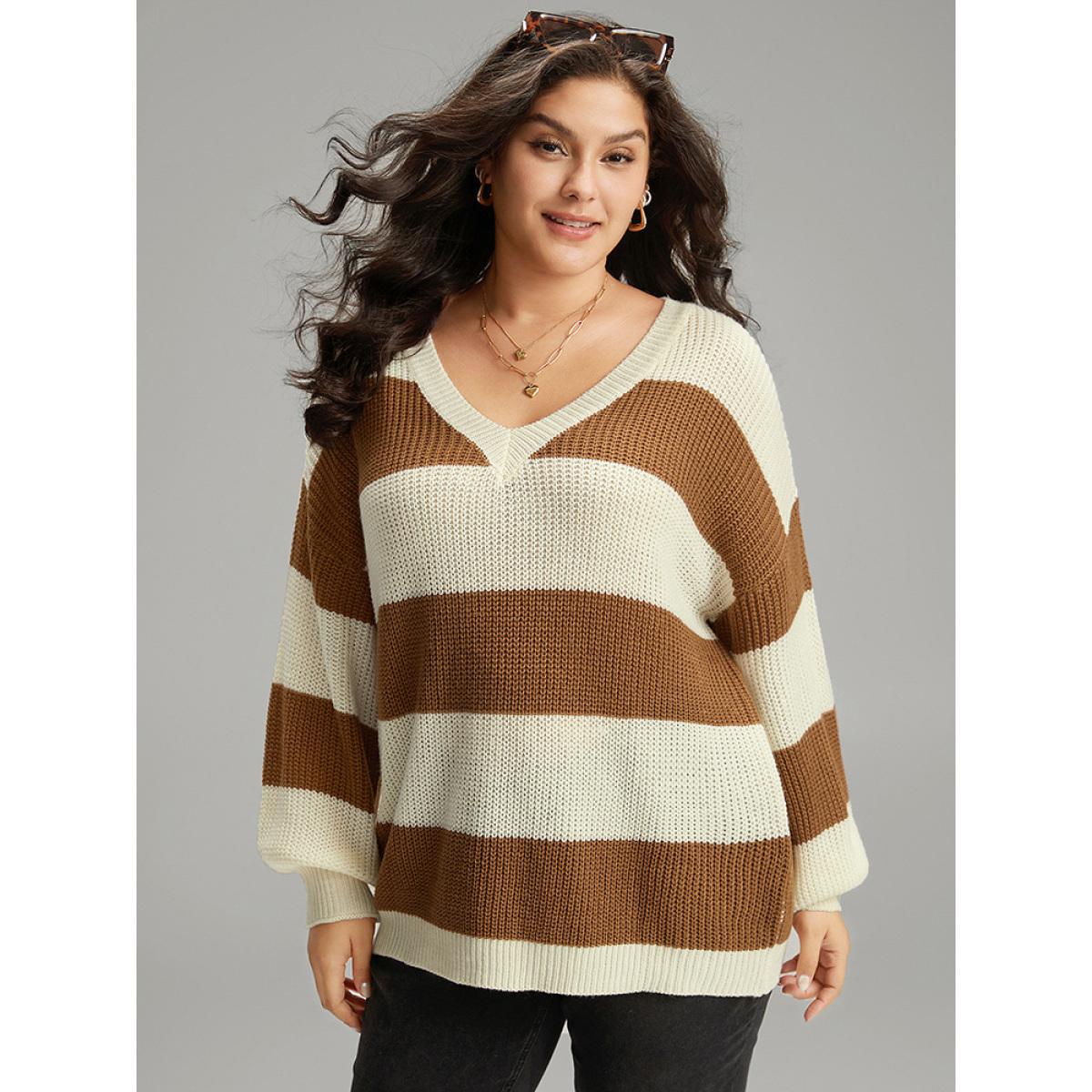 Plus Size Colorblock Lantern Sleeve Loose Pullover Bronze Women Casual Loose Long Sleeve V-neck Dailywear Pullovers BloomChic 18-20/2X Product Image