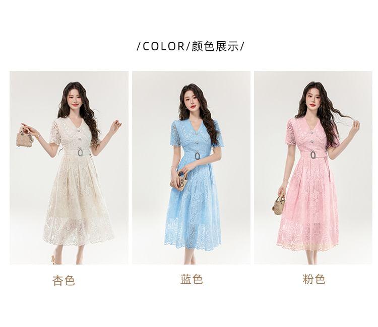 Short Sleeve V-Neck Plain Embroidered Belted Button Midi A-Line Dress Product Image