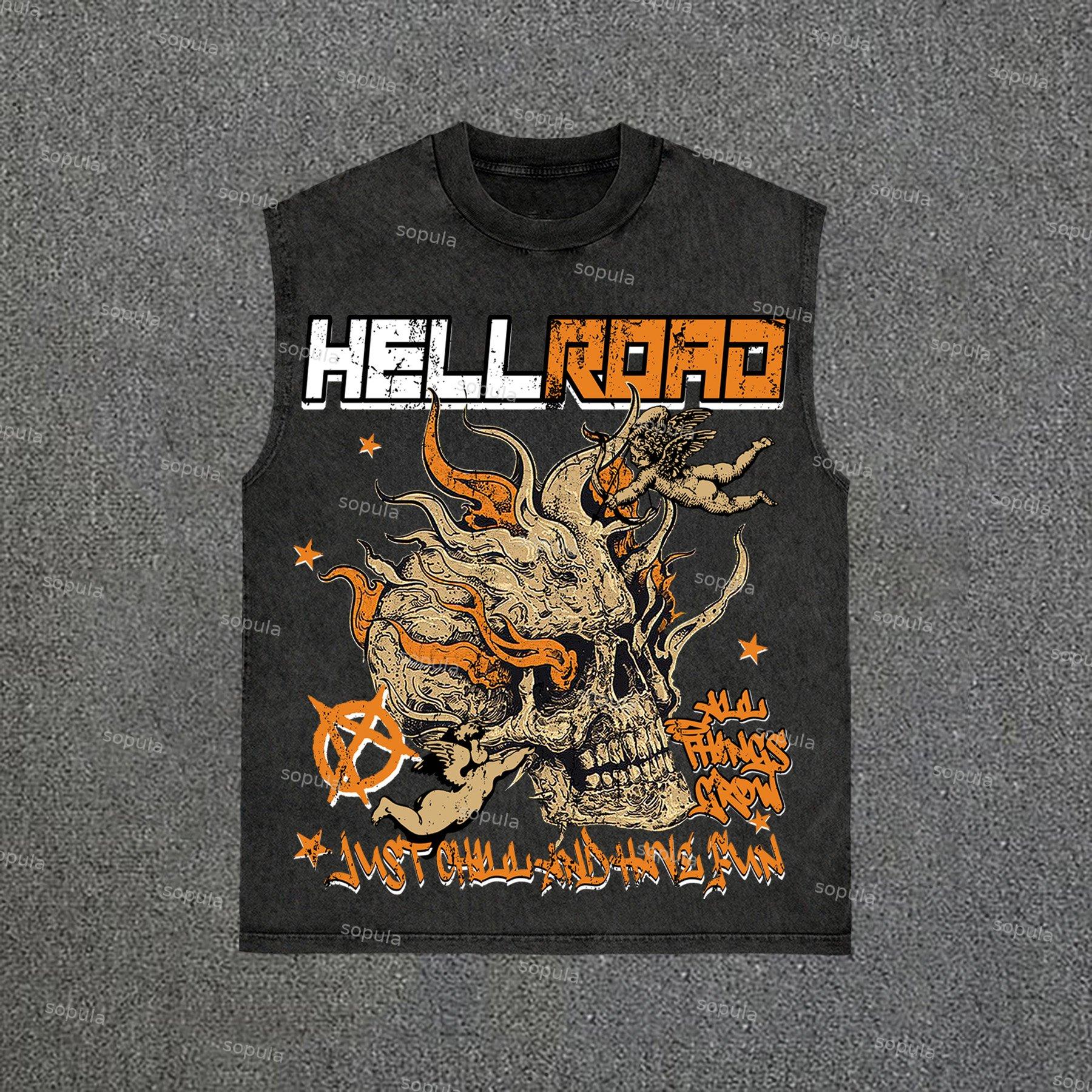 Sopula Hell Road Flame Skull Angel Print Vintage Wash Sleeveless Tank Top Product Image