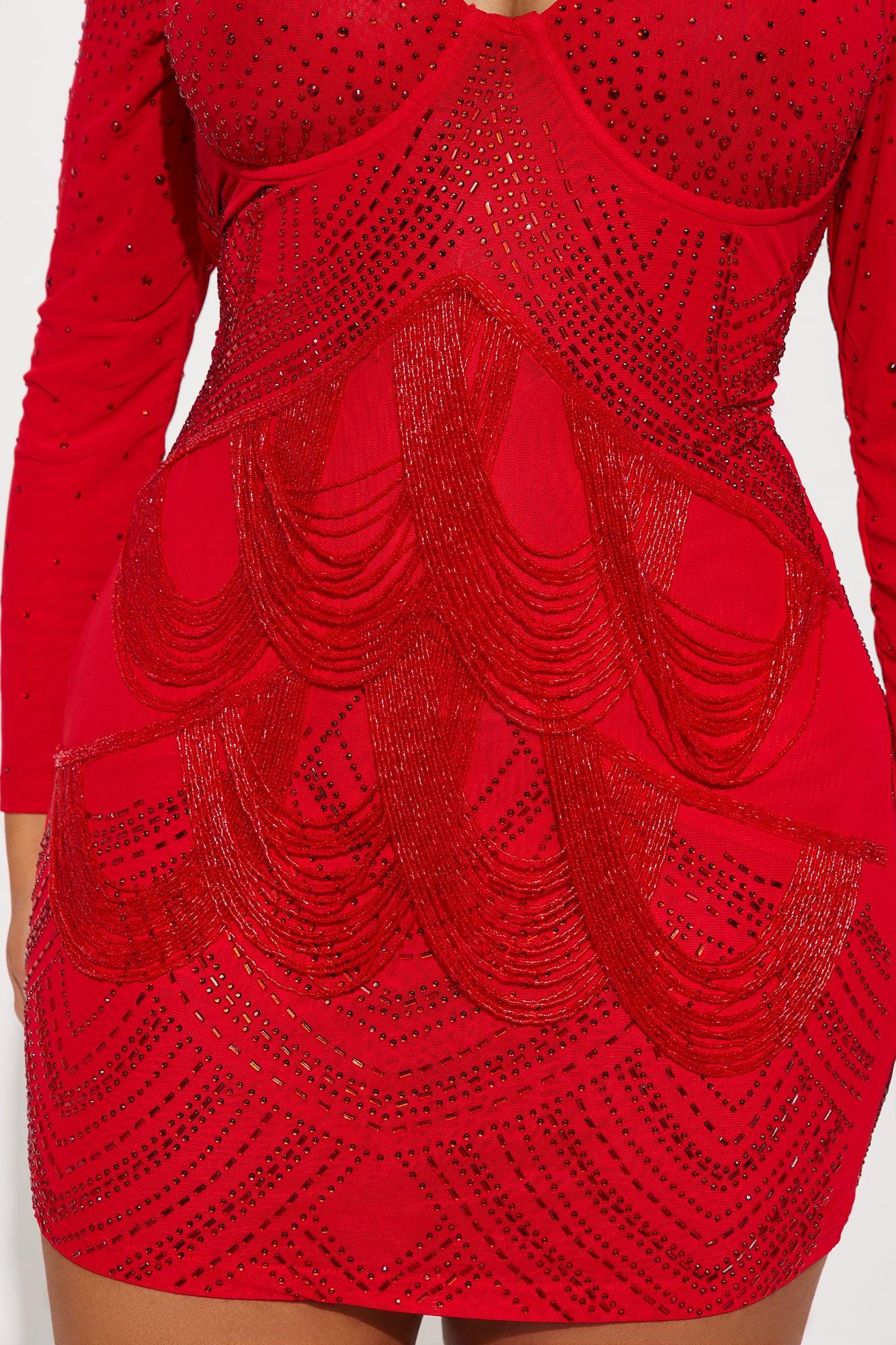 Celeste Rhinestone Mini Dress - Red Product Image