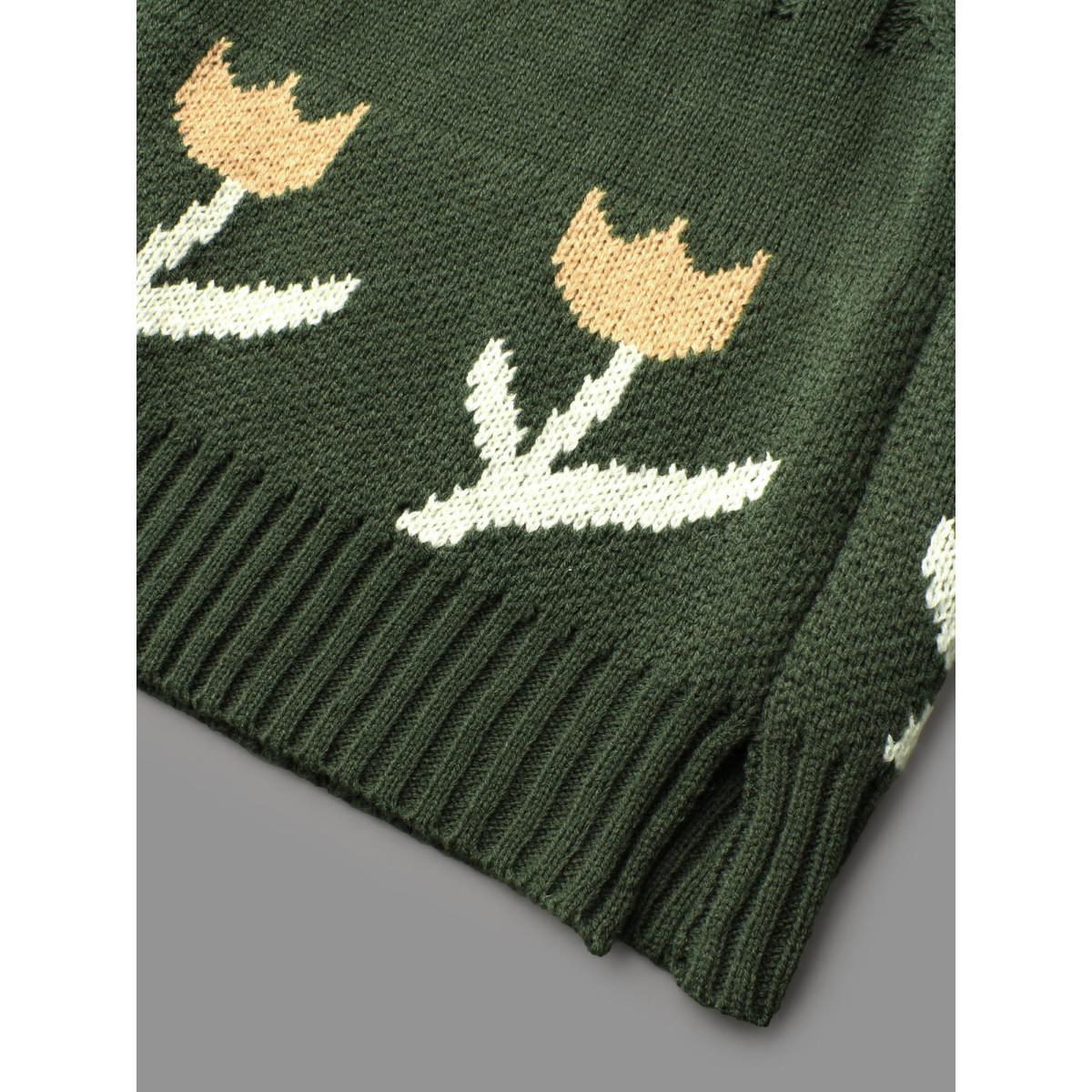 Plus Size Cable Knit Floral Ribbed Hem Pullover ArmyGreen Women Casual Loose Long Sleeve Round Neck Everyday Pullovers BloomChic 12/L Product Image