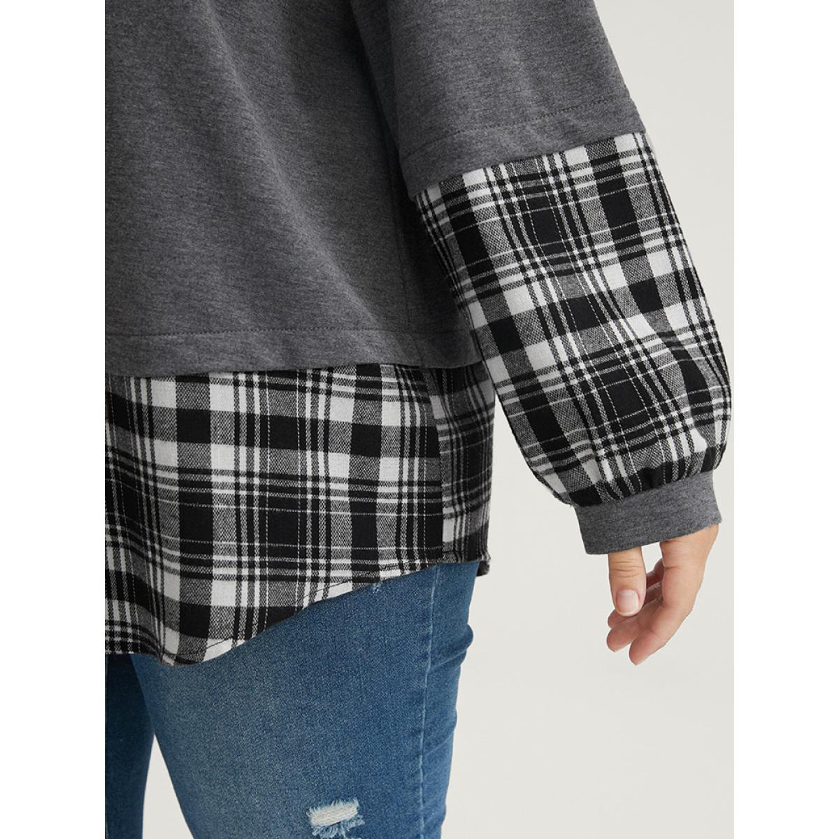 Plus Size Plaid Patchwork Round Neck Arc Hem Sweatshirt Women DimGray Casual Contrast Round Neck Dailywear Sweatshirts BloomChic 18-20/2X Product Image