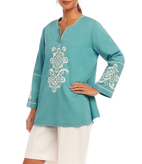 Karen Kane Embroidered Split V-Neck 3/4 Sleeve Tunic Product Image
