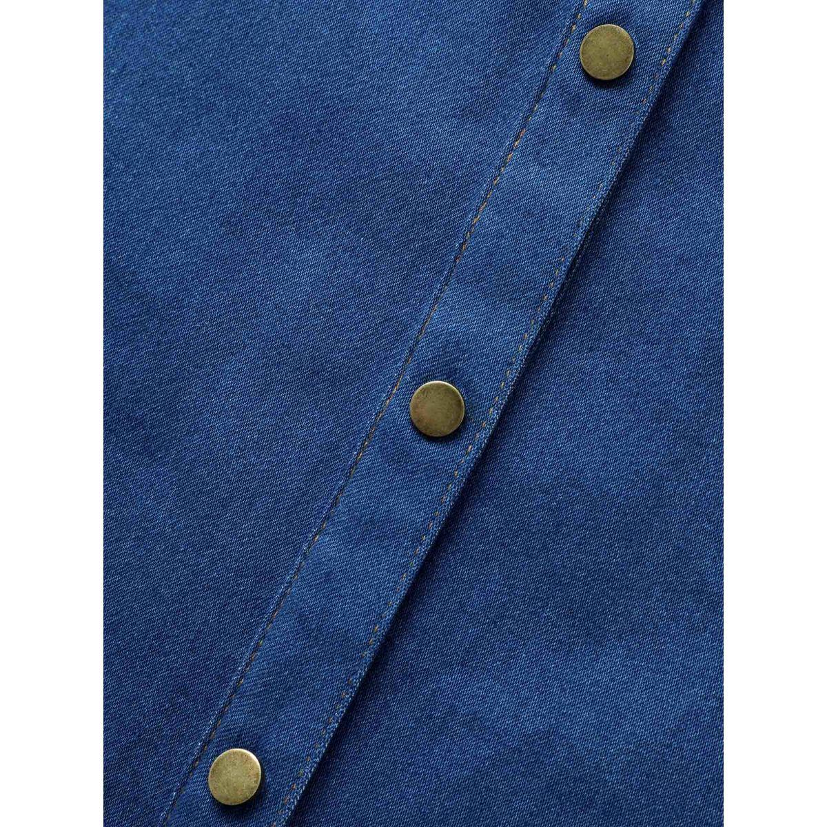 Plus Size Stretch Denim Lotus Leaf Neckline Shirt Denimblue Women Button Low stretch Vacation Resort Denim Tops BloomChic 12/L Product Image