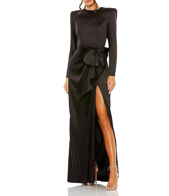Mac Duggal Long Sleeve Crew Neck Ruched Waist Draped Bow Thigh High Slit Satin A-Line Gown Product Image