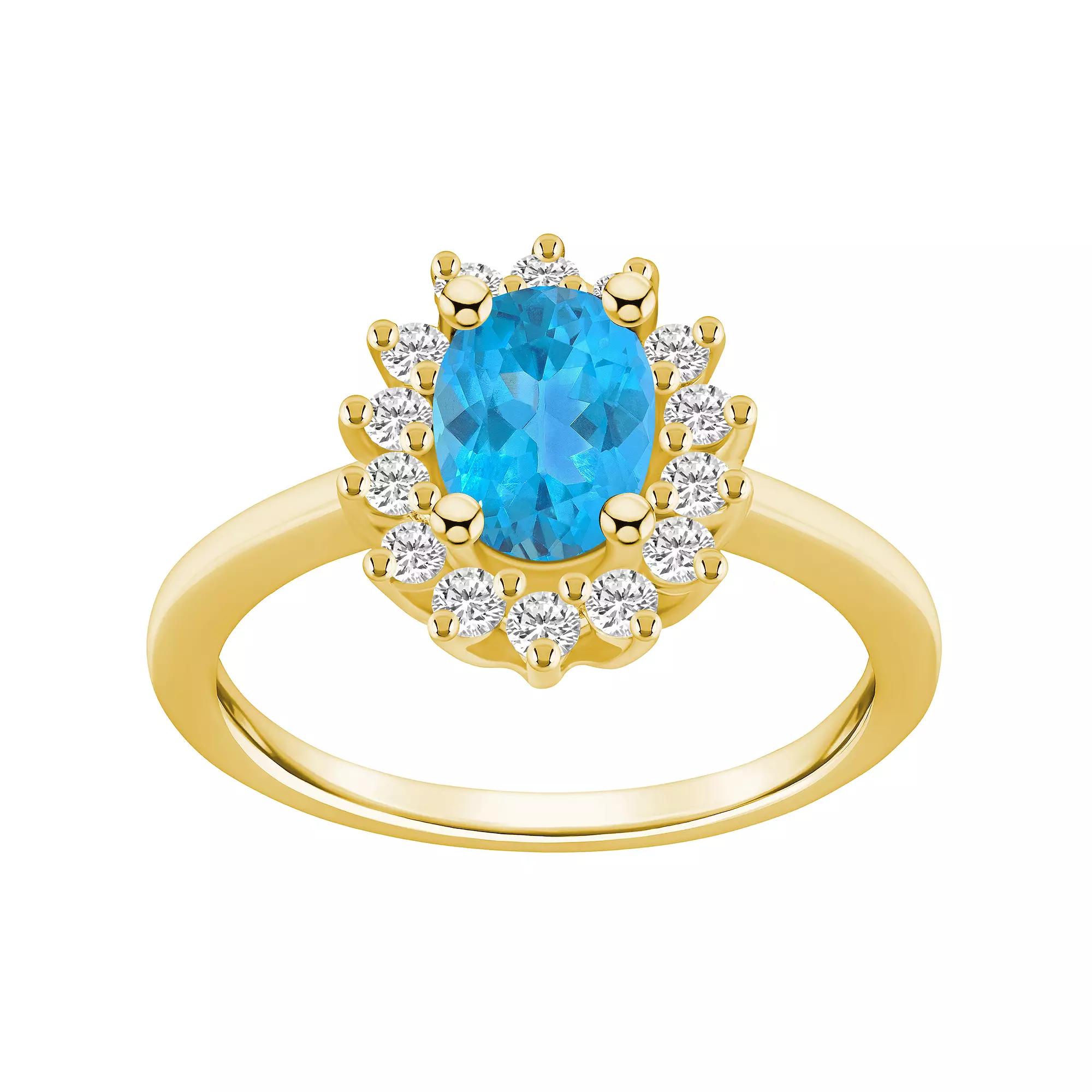 Alyson Layne 14k Gold Oval Cut Blue Topaz & 1/3 Carat T.W. Diamond Halo Ring, Women's, Size: 8 Product Image
