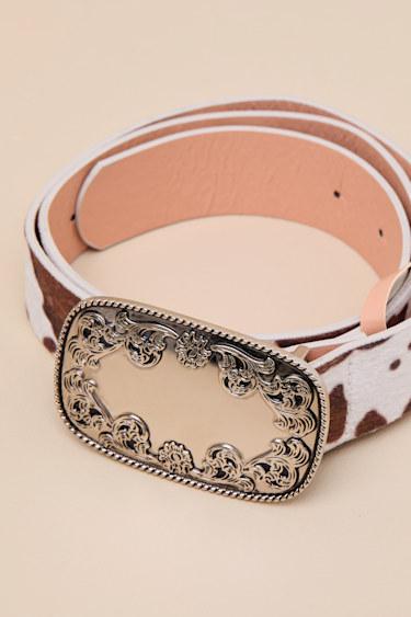 Winry Brown and White Cow Print Faux Fur Belt Product Image